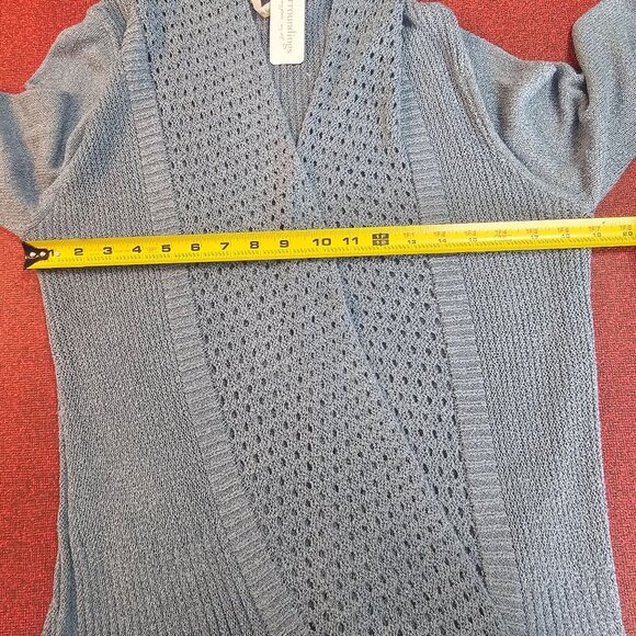 Soft Surroundings Long Duster Cardigan M Blue Crochet Pleated Boho Cottagecore - Picture 7 of 11